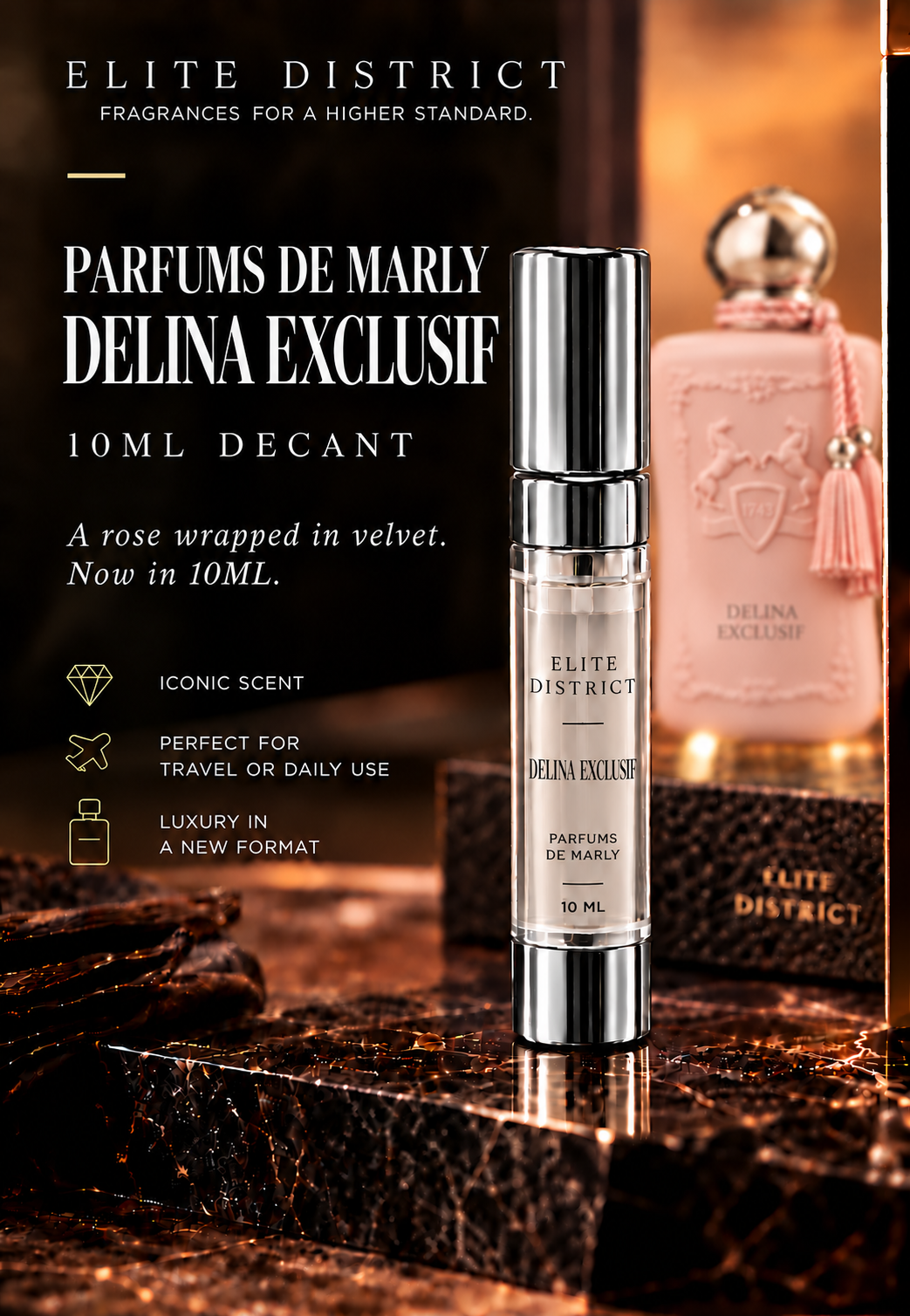 Delina Exclusif 10 ml — silver atomizer, transparent label with black lettering